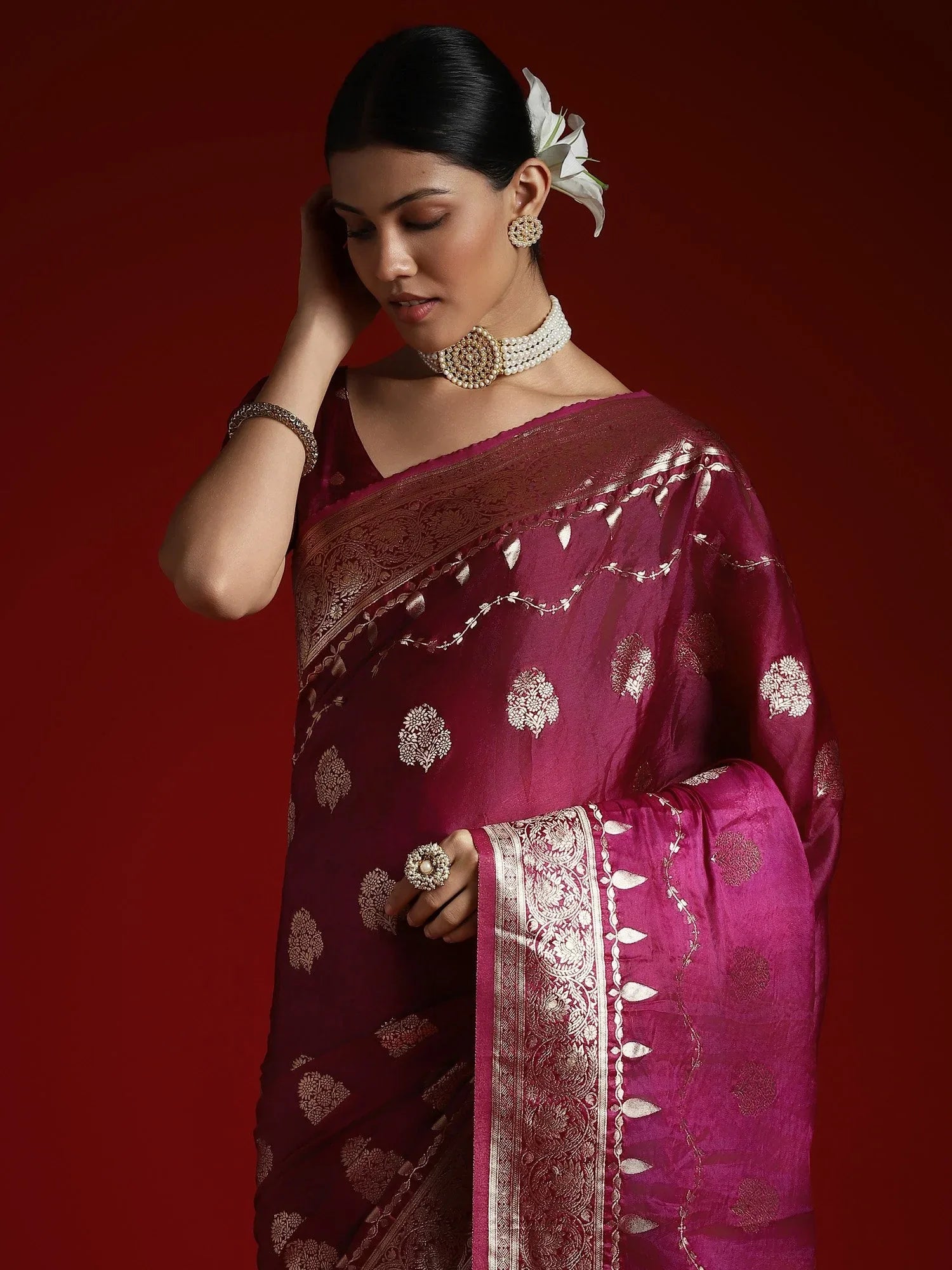 Purple Banarasi Satin Woven Saree