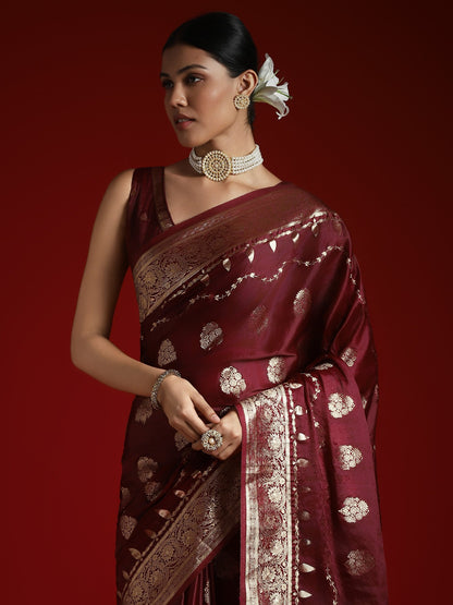 Burgundy Banarasi Satin Woven Saree