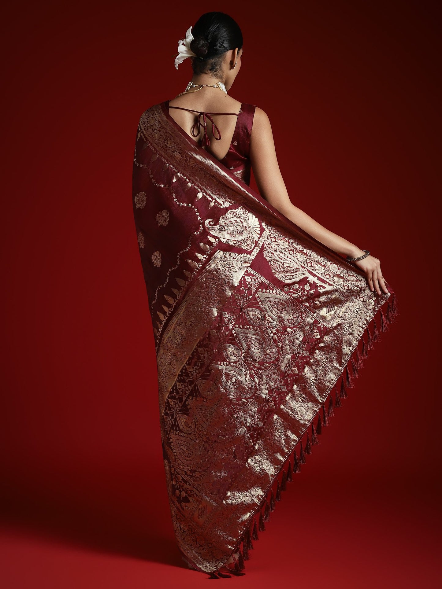Burgundy Banarasi Satin Woven Saree