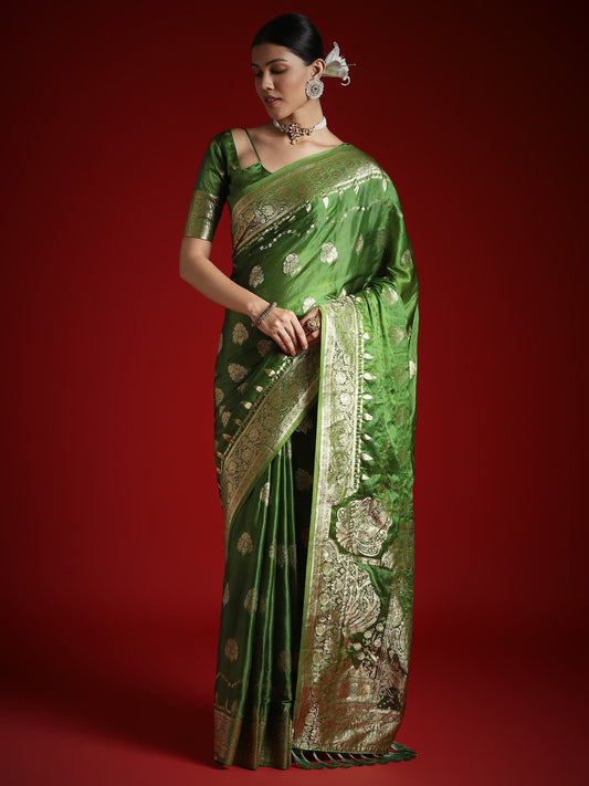 Green Light Banarasi Satin Woven Saree