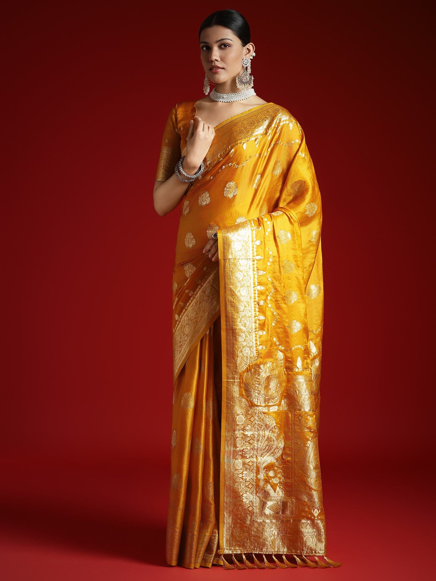 Yellow Banarasi Satin Woven Saree