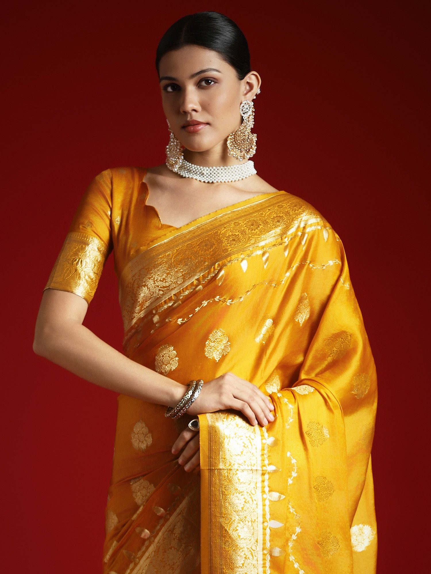 Yellow Banarasi Satin Woven Saree
