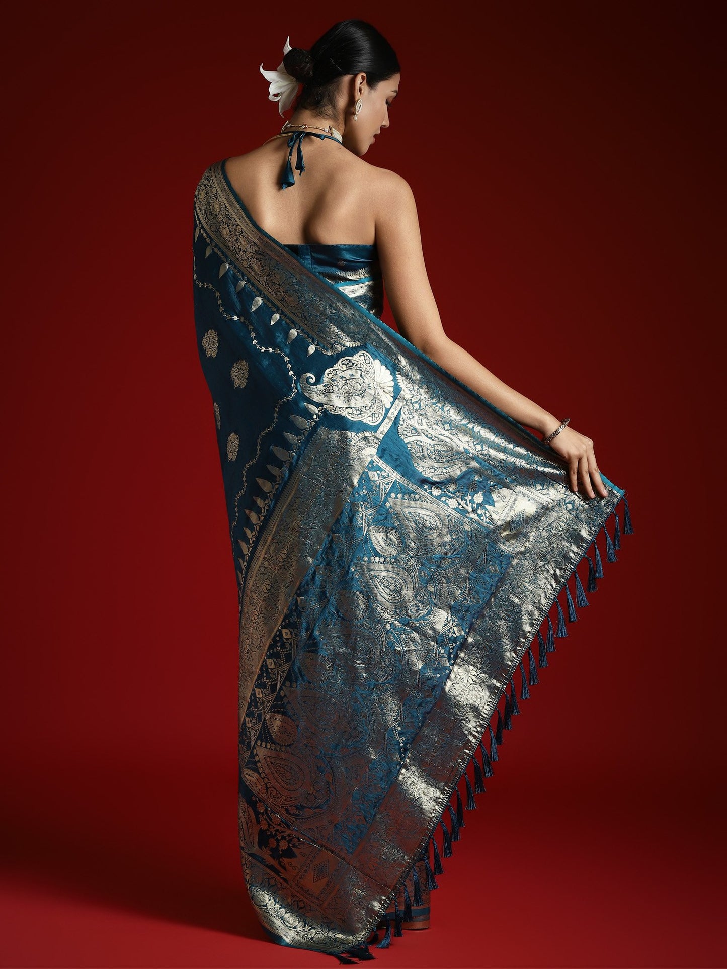 Teal Banarasi Satin Woven Saree