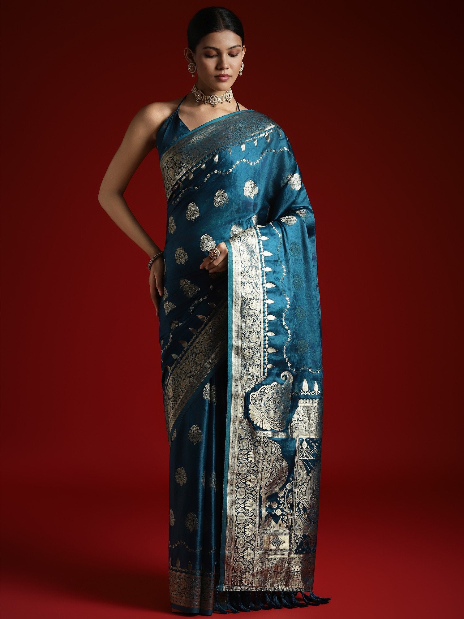Blue Teal Banarasi Satin Woven Saree
