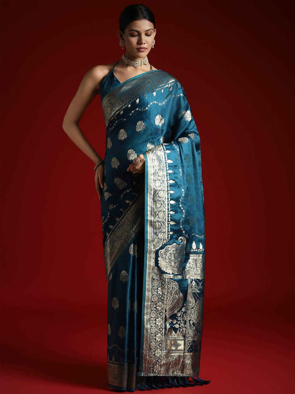 Blue Teal Banarasi Satin Woven Saree