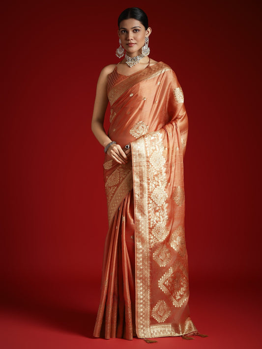 Orange Coral Banarasi Satin Woven Saree
