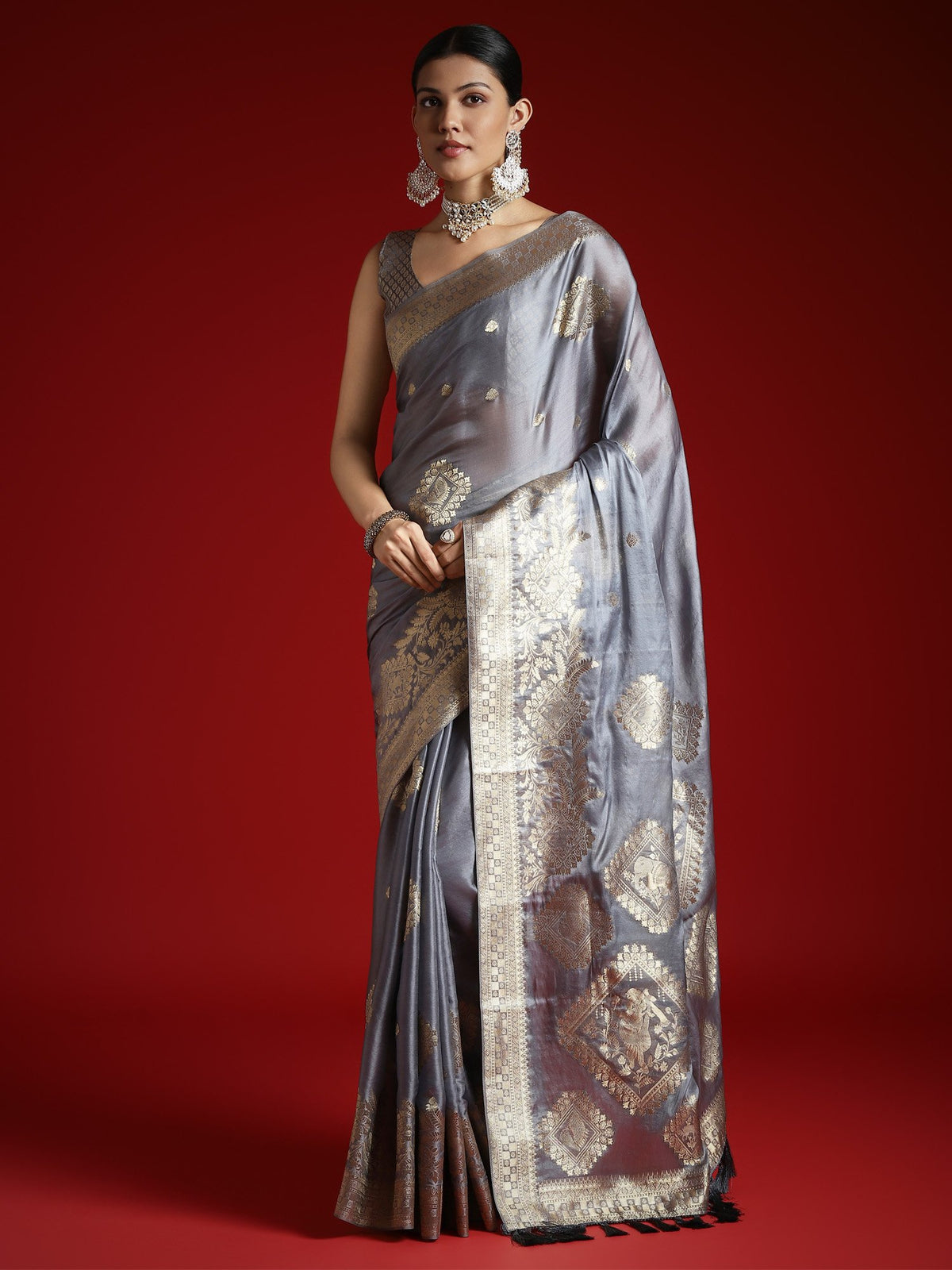 Grey Grey Banarasi Satin Woven Saree
