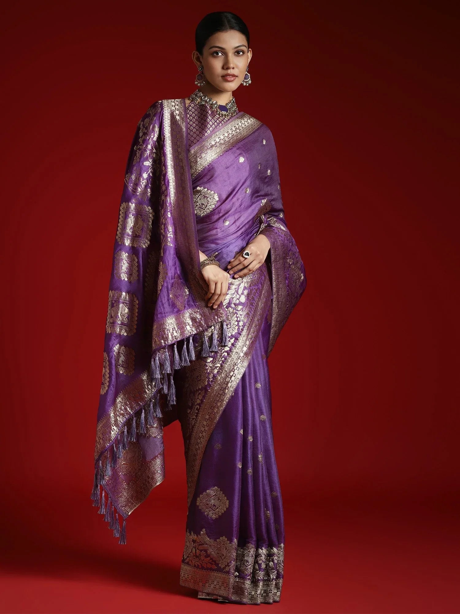 Purple Banarasi Satin Woven Saree