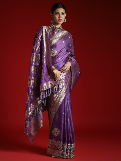 Purple Banarasi Satin Woven Saree