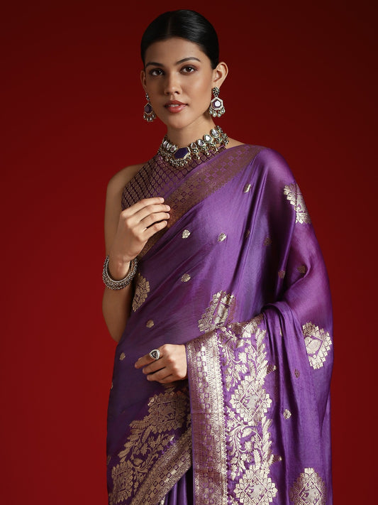 Purple Purple Banarasi Satin Woven Saree