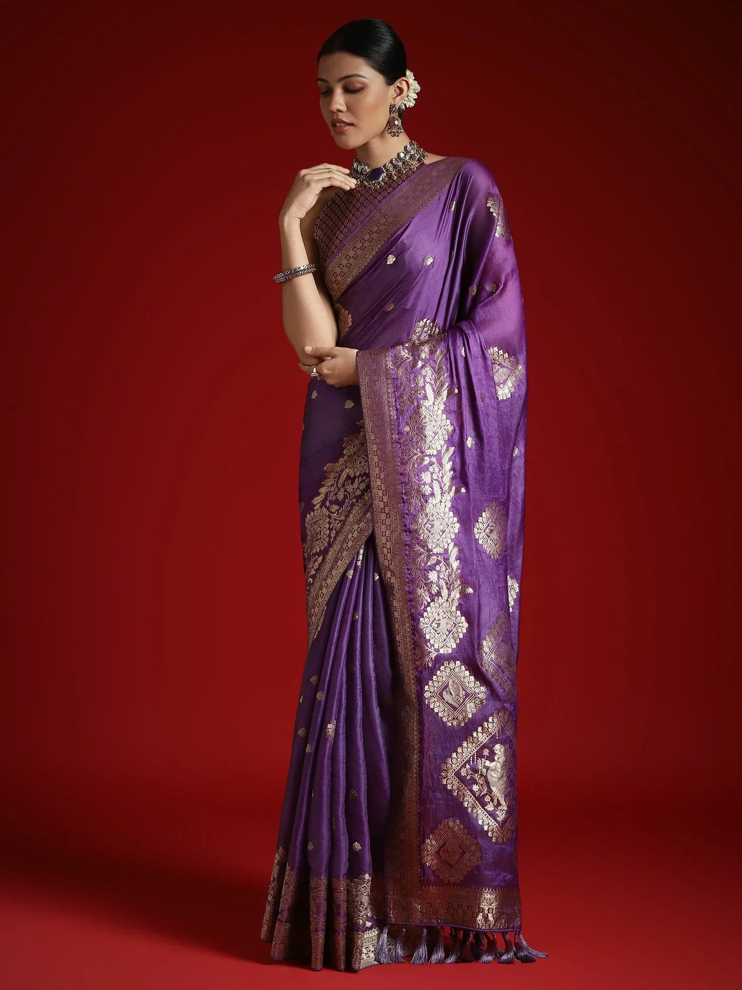 Purple Banarasi Satin Woven Saree