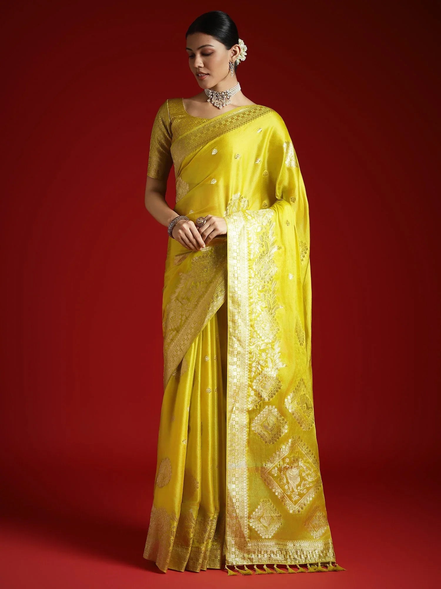Lemon Banarasi Satin Woven Saree - The Dori Store