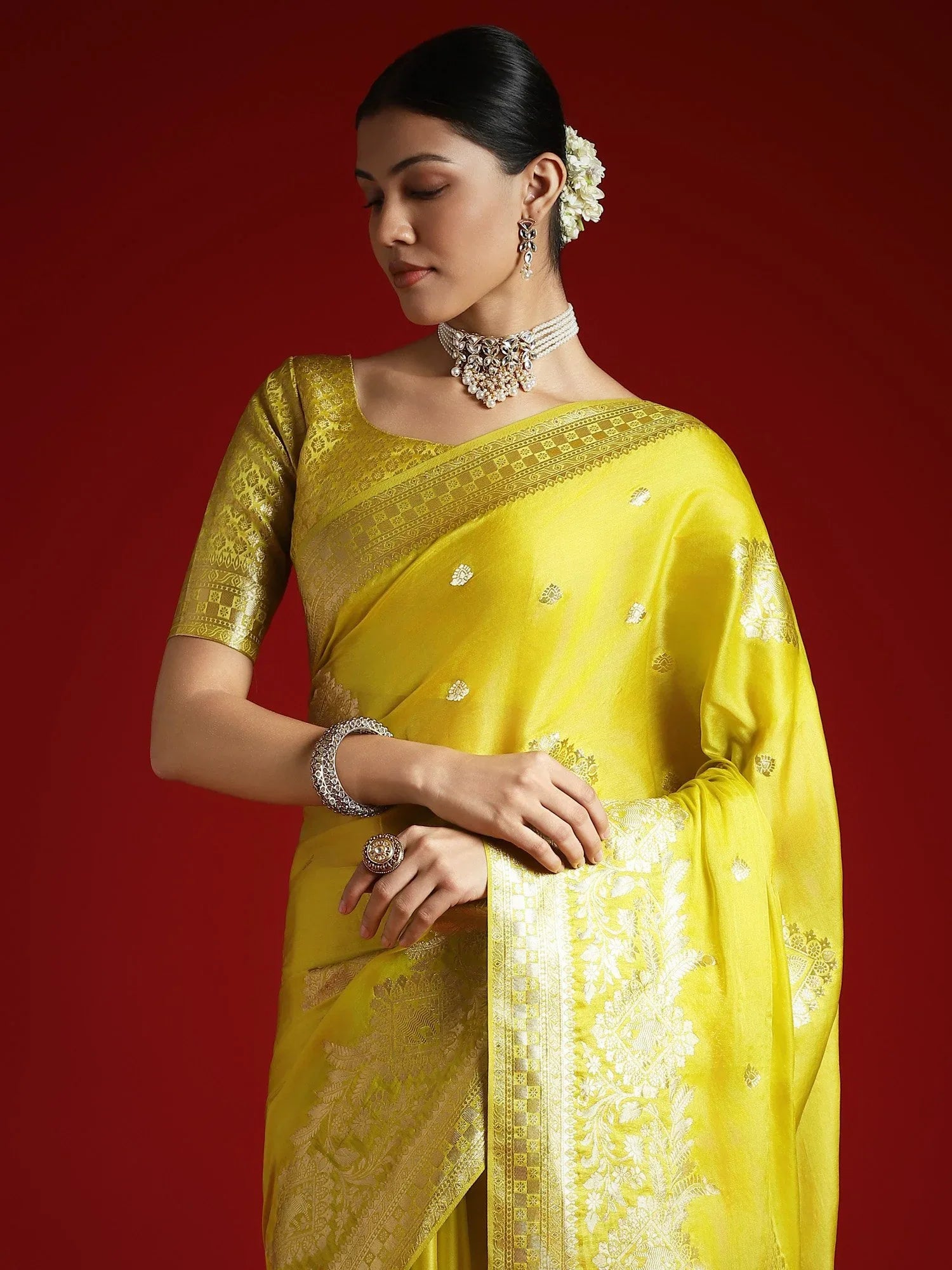 Lemon Banarasi Satin Woven Saree - The Dori Store