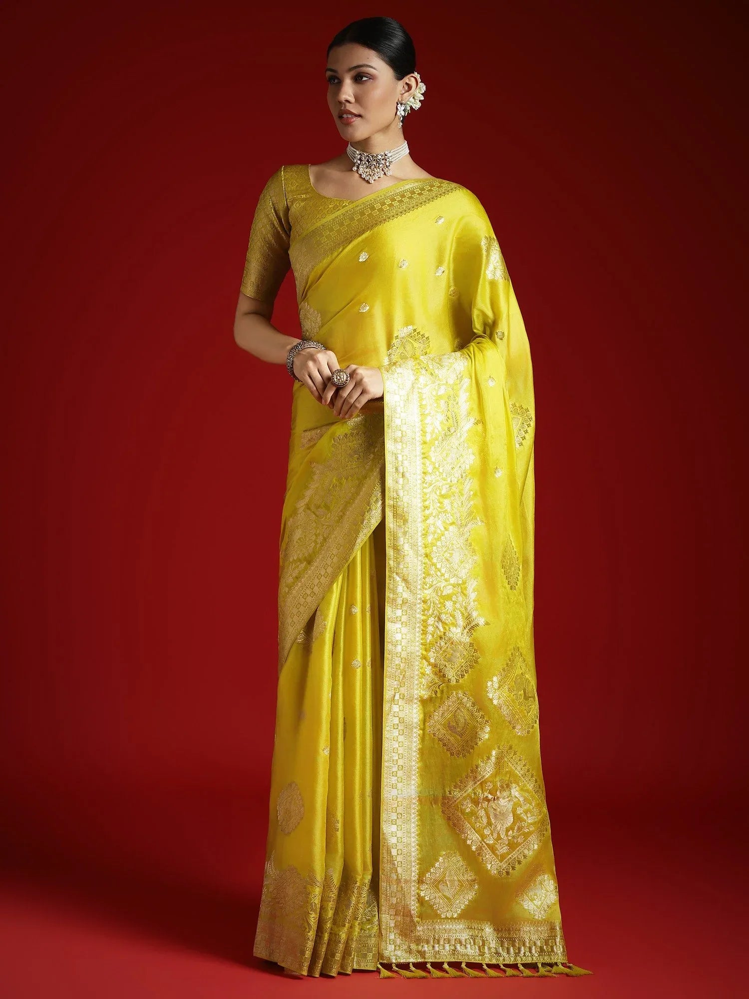 Lemon Banarasi Satin Woven Saree - The Dori Store