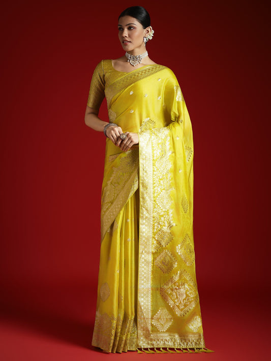 Green Lemon Banarasi Satin Woven Saree