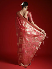 Peach Banarasi Satin Woven Saree - The Dori Store