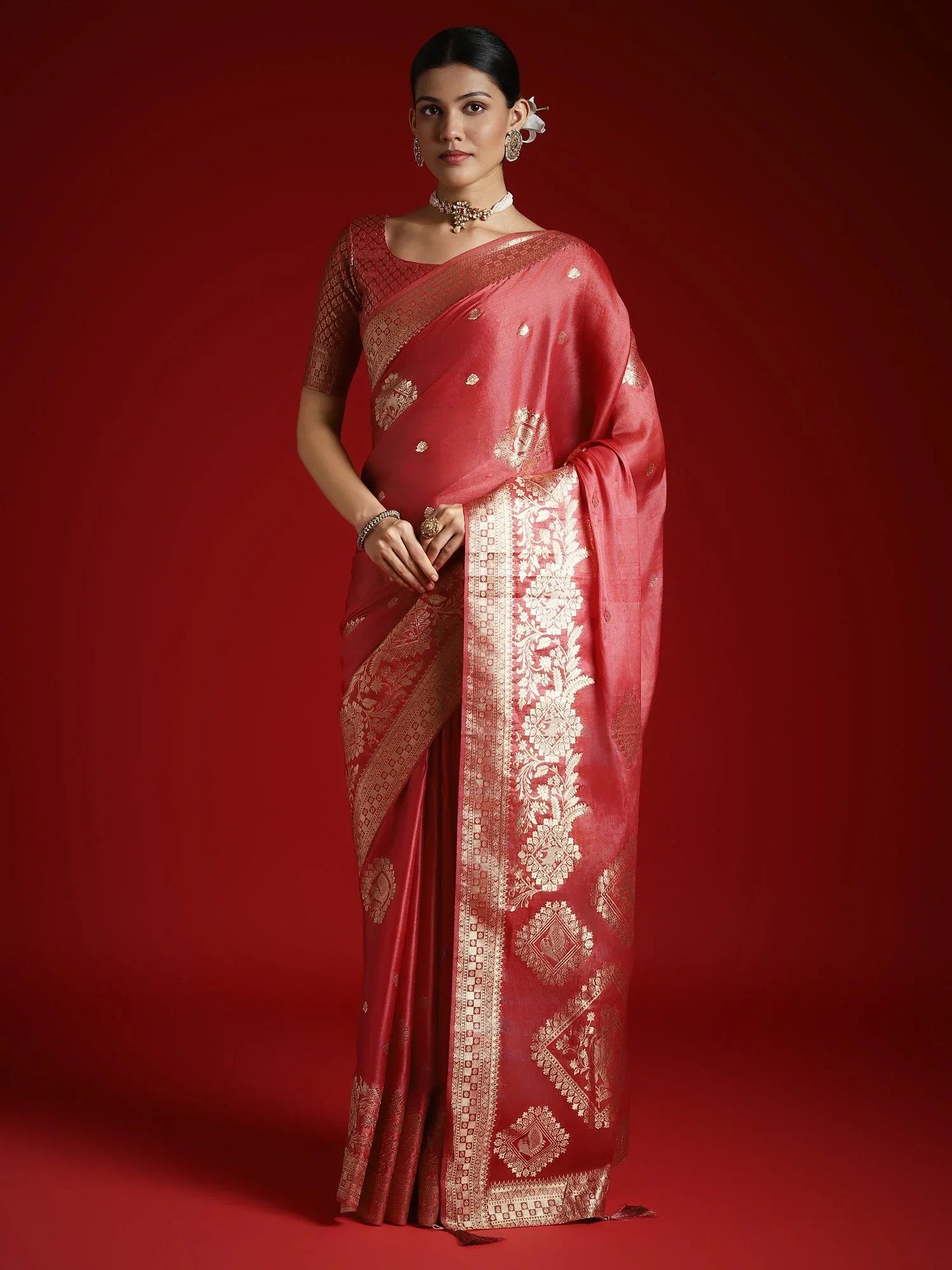 Peach Banarasi Satin Woven Saree - The Dori Store