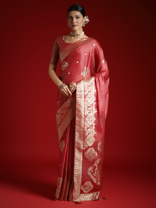 Pink Peach Banarasi Satin Woven Saree