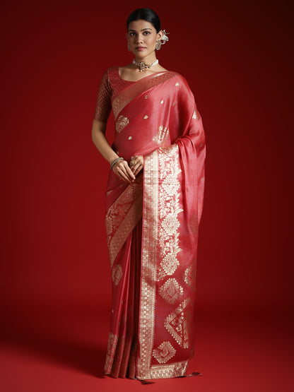 Pink Peach Banarasi Satin Woven Saree