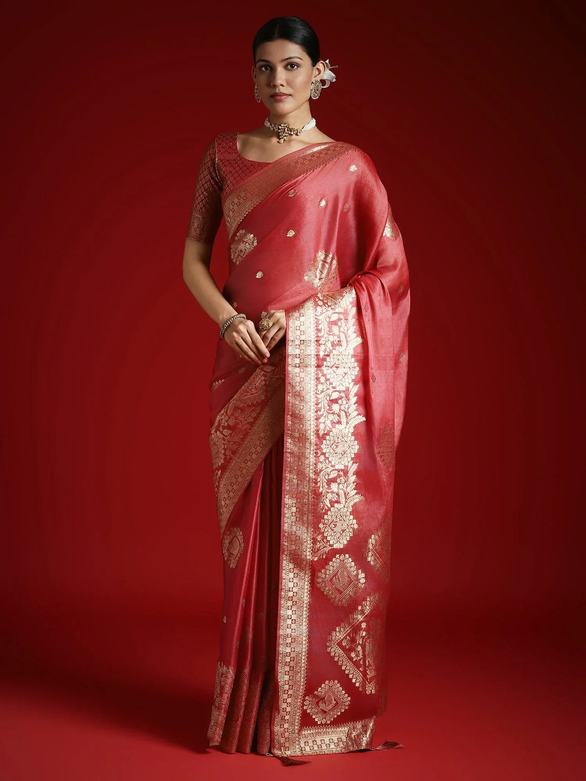 Peach Banarasi Satin Woven Saree - The Dori Store