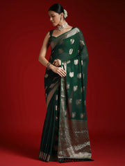 Green Banarasi Georgette Woven Saree - The Dori Store
