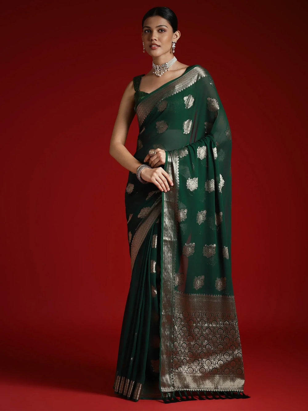 Green Banarasi Georgette Woven Saree - The Dori Store