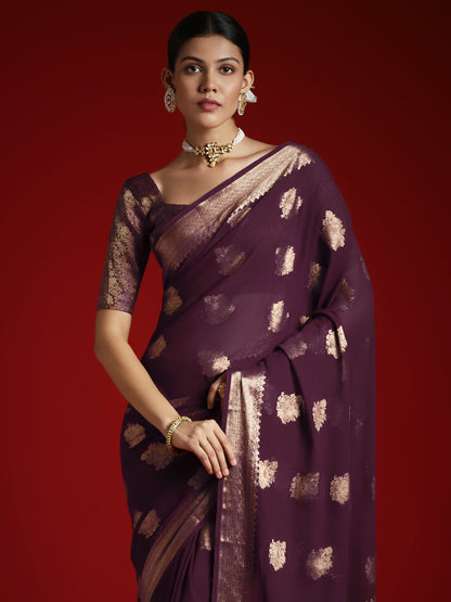 Burgundy Banarasi Georgette Woven Saree