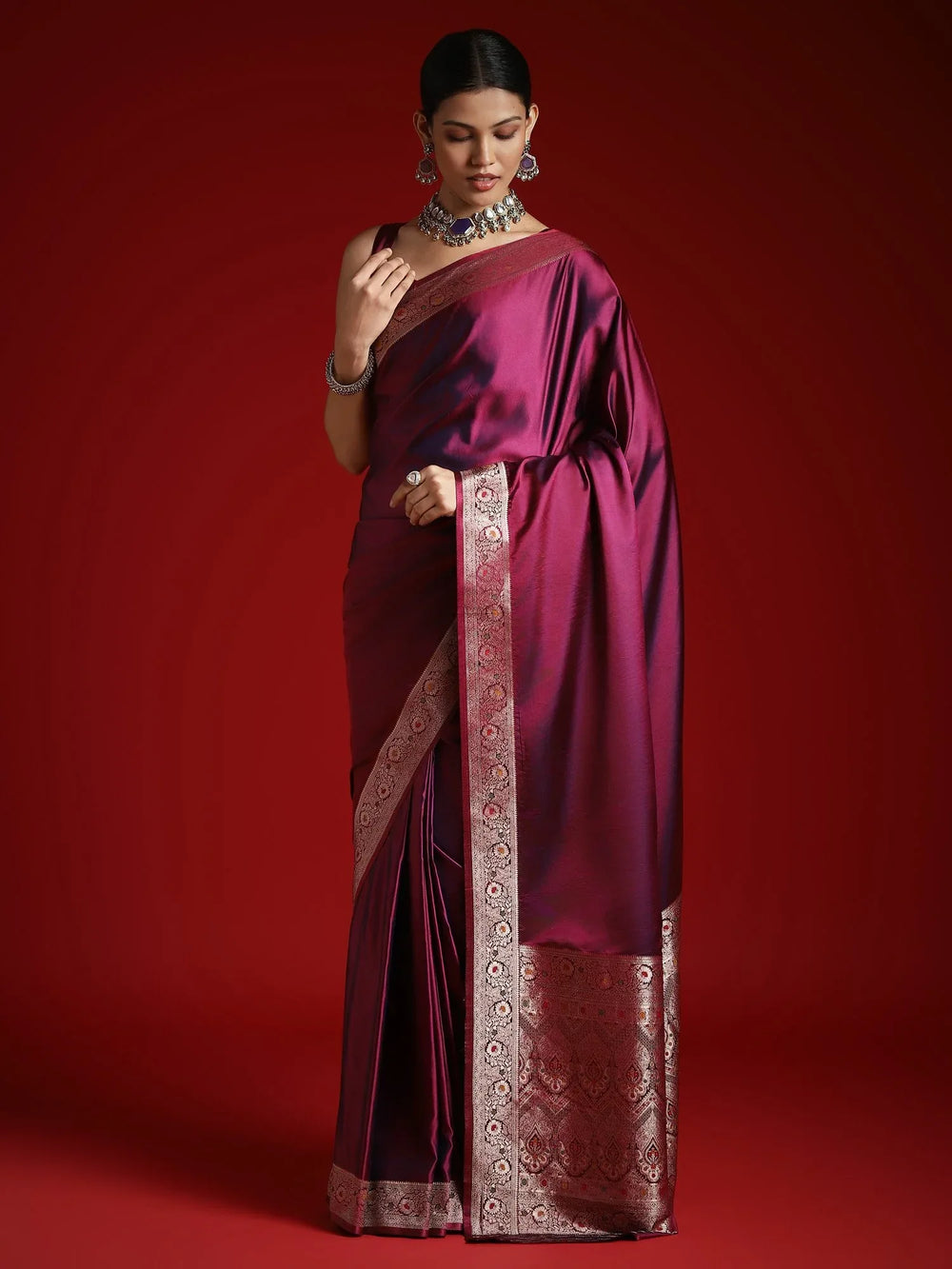 Magenta Banarasi Satin Silk Woven Saree - The Dori Store