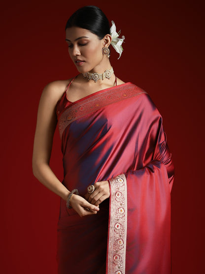 Maroon Banarasi Satin Silk Woven Saree