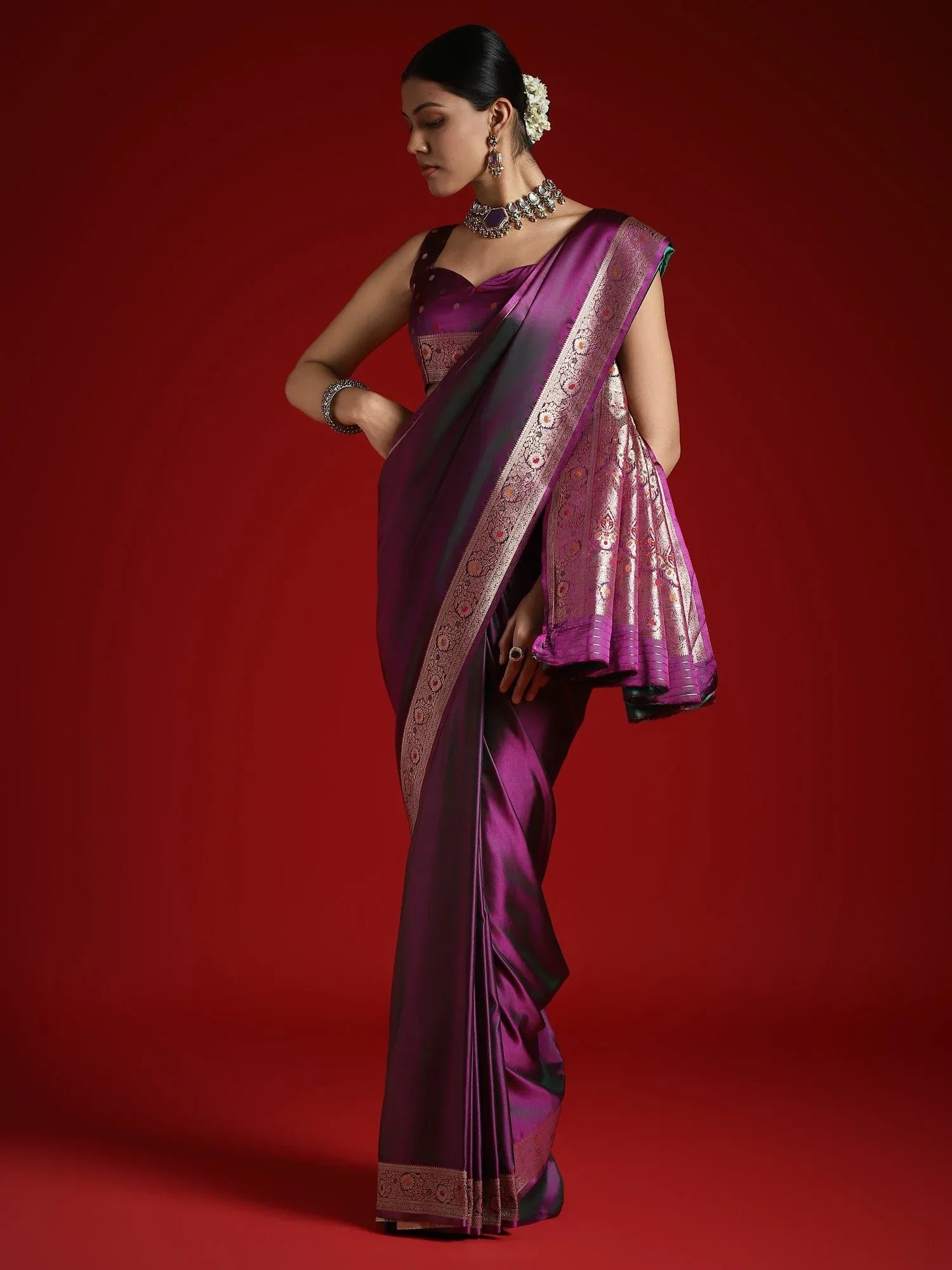 Violet Banarasi Satin Silk Woven Saree