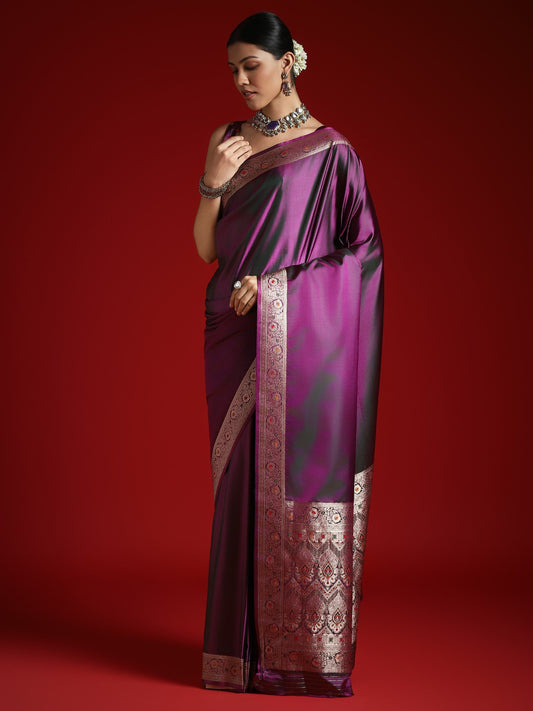 Purple Violet Banarasi Satin Silk Woven Saree