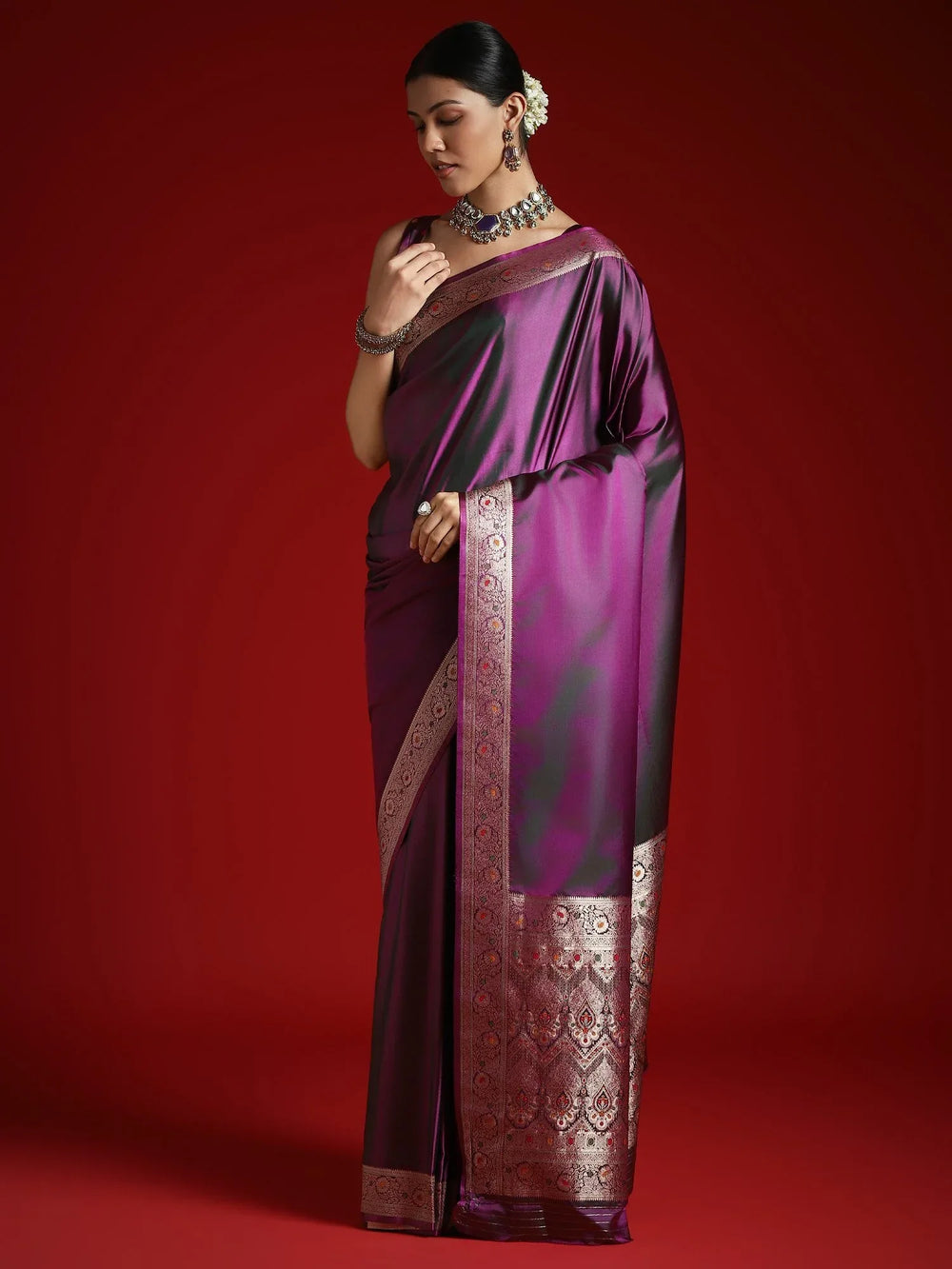 Purple Violet Banarasi Satin Silk Woven Saree
