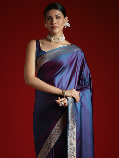 Blue Banarasi Satin Silk Woven Saree