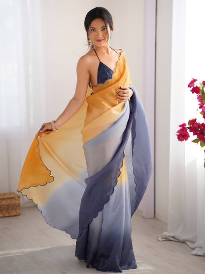 Yellow Mustard Party Wear Chiffon Embroidered Saree