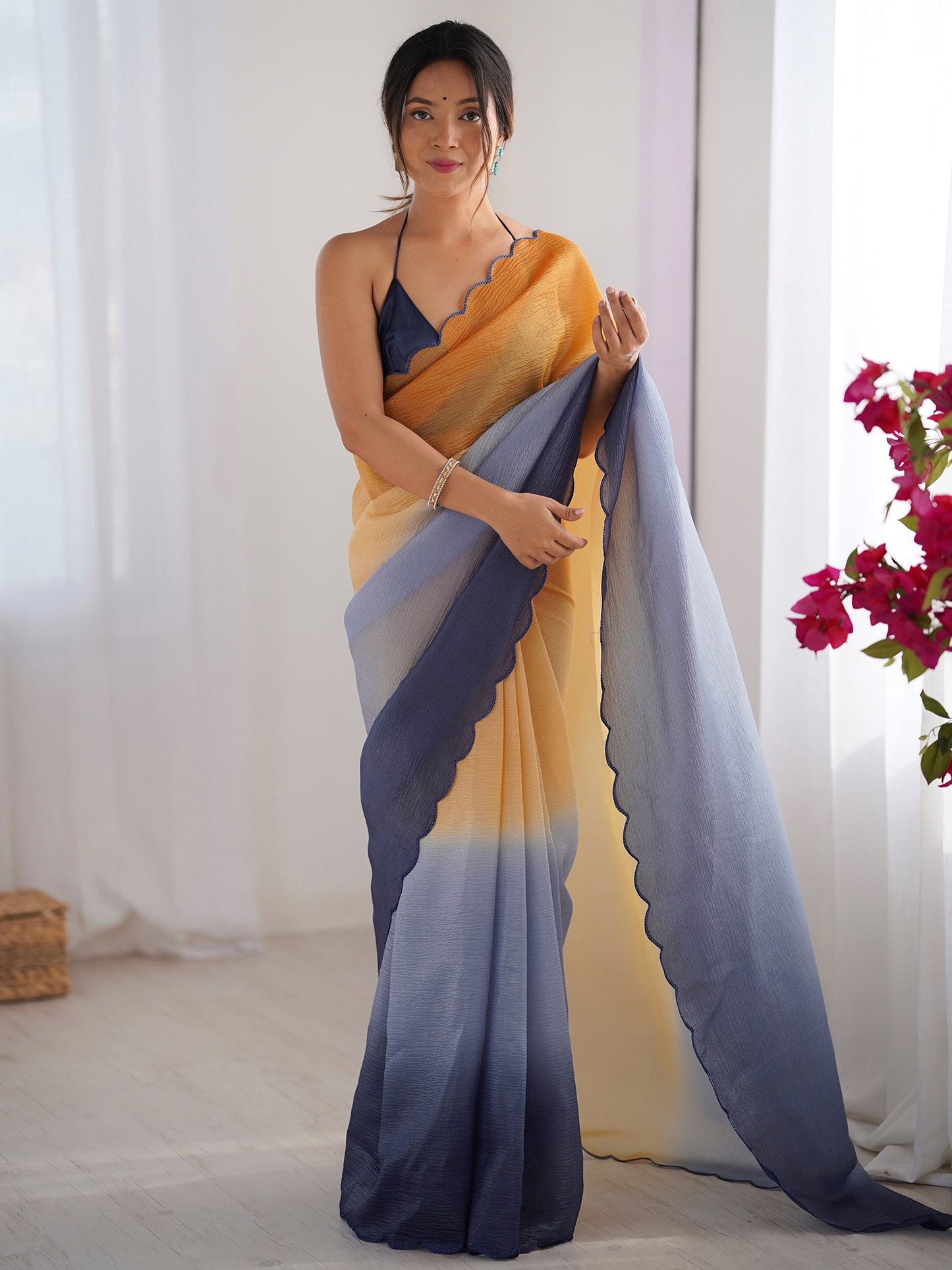 Mustard Party Wear Chiffon Embroidered Saree