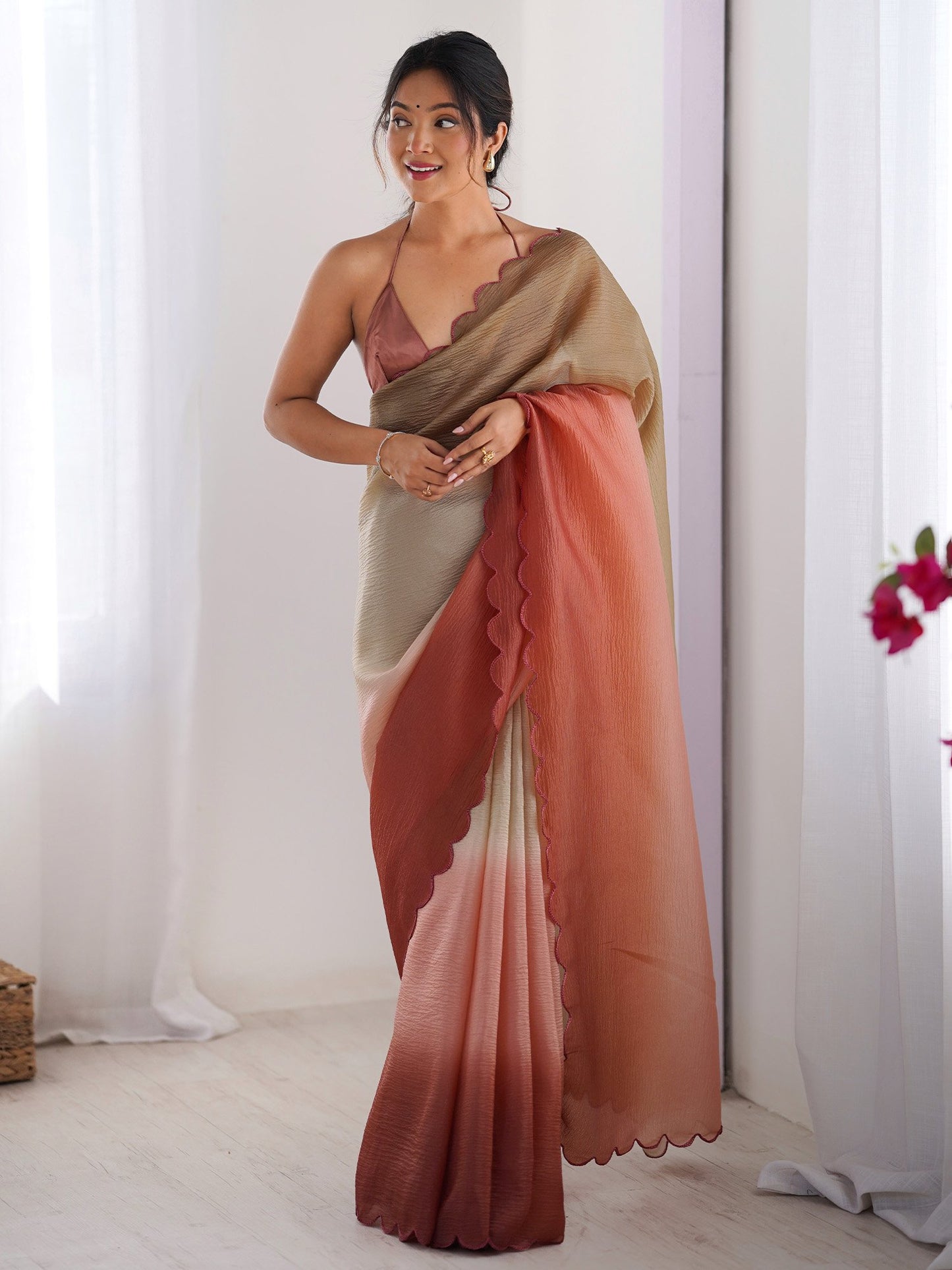 Brown Party Wear Chiffon Embroidered Saree