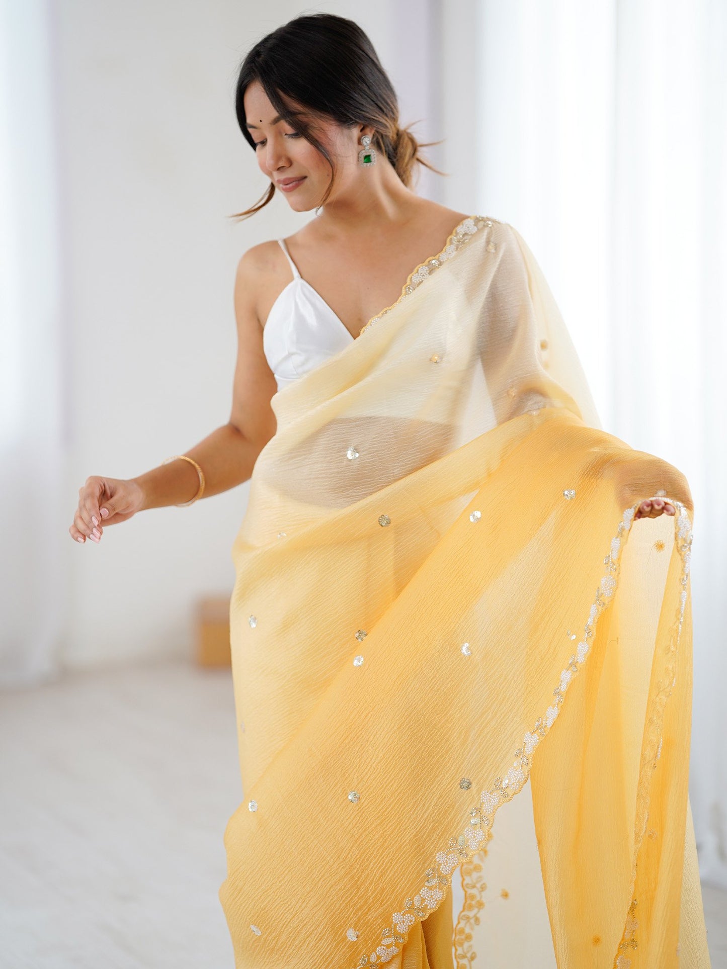Yellow Party Wear Chiffon Embellished Saree