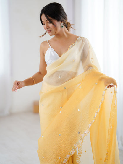 Yellow Party Wear Chiffon Embellished Saree