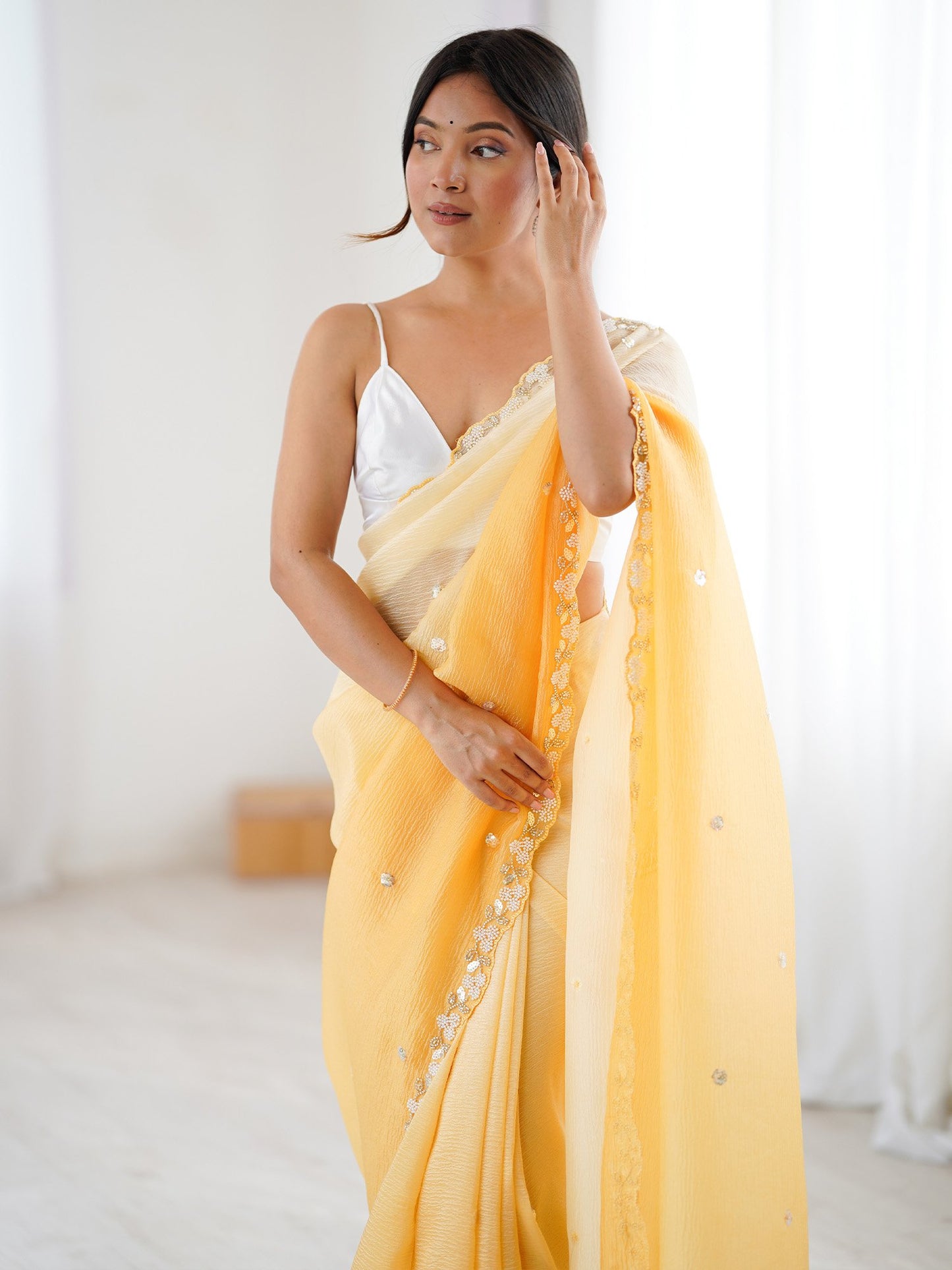 Yellow Party Wear Chiffon Embellished Saree