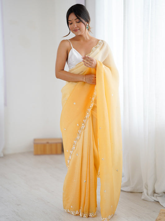 Yellow Yellow Party Wear Chiffon Embellished Saree