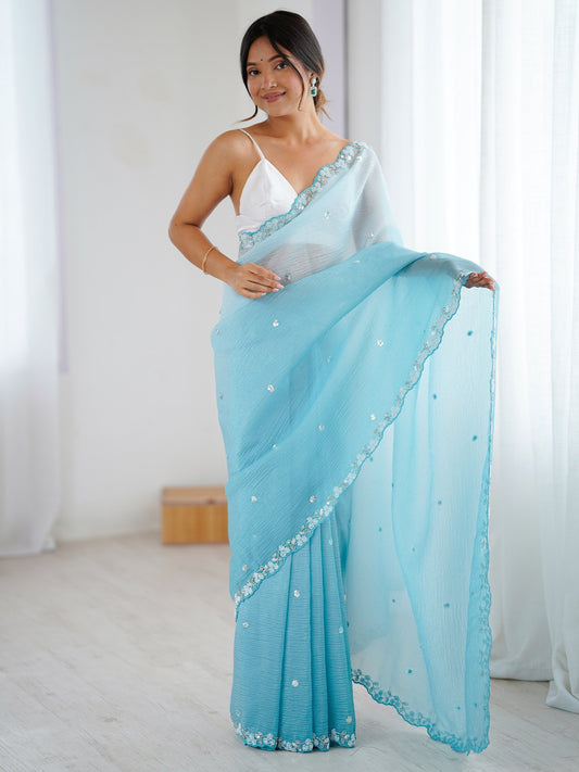 Blue Light Party Wear Chiffon Embellished Saree
