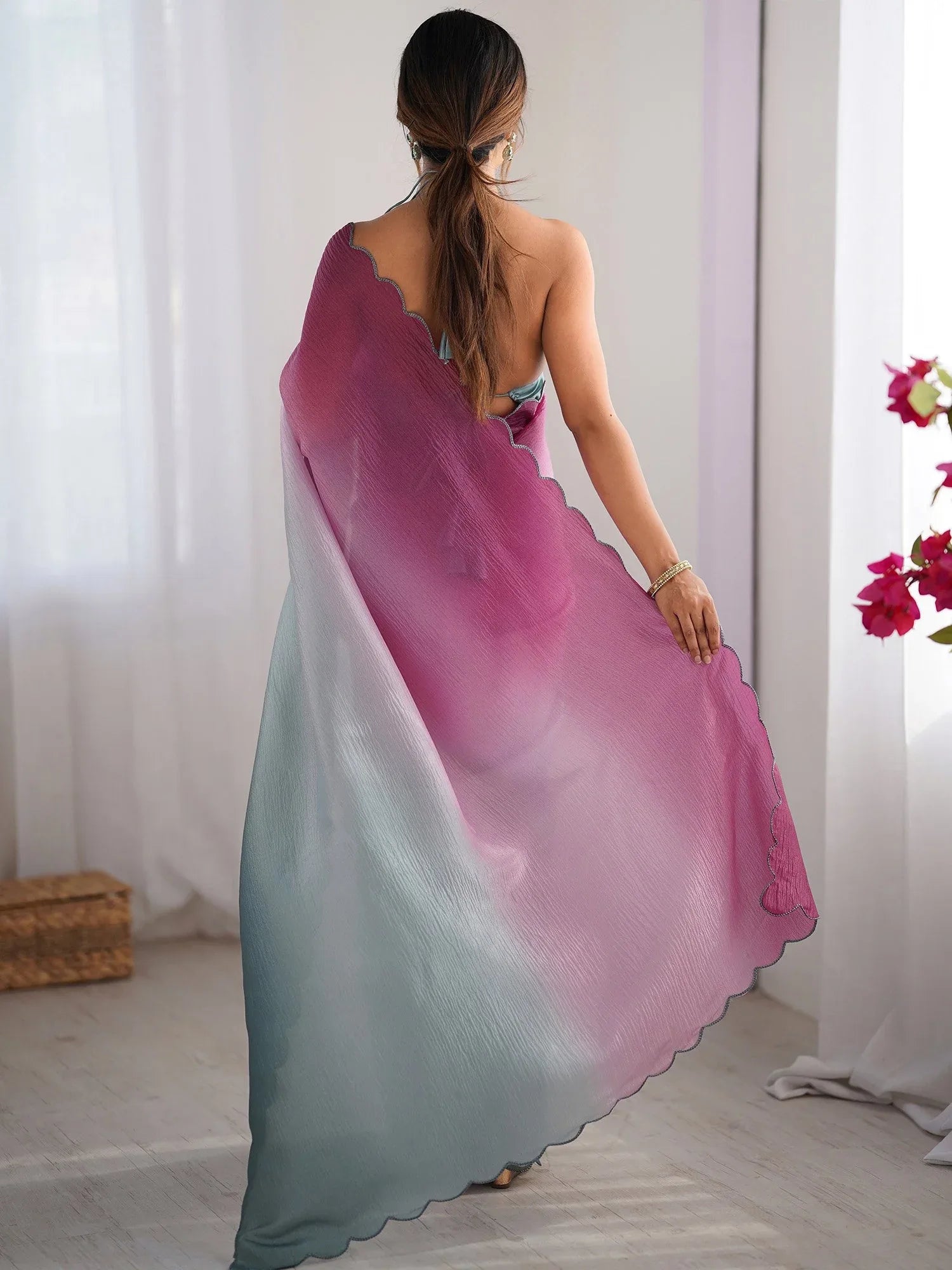 Pink Party Wear Chiffon Embroidered Saree