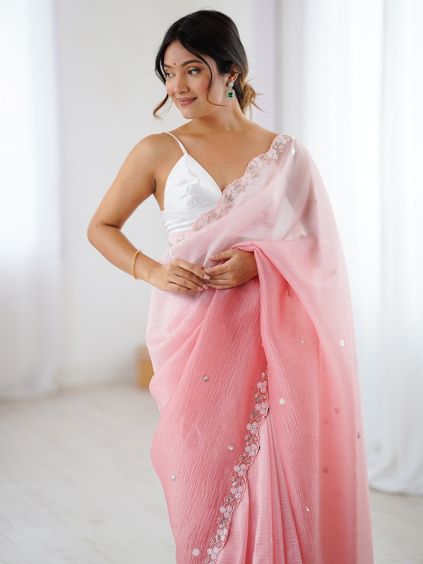 Pink Party Wear Chiffon Embellished Saree