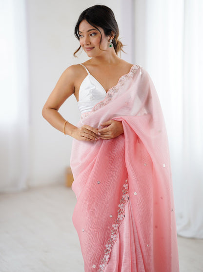 Pink Party Wear Chiffon Embellished Saree