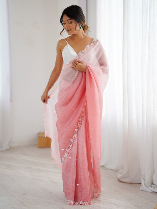 Pink Pink Party Wear Chiffon Embellished Saree