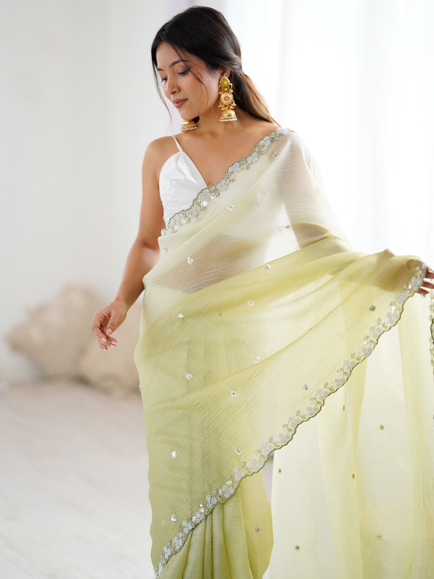 Olive Party Wear Chiffon Embellished Saree