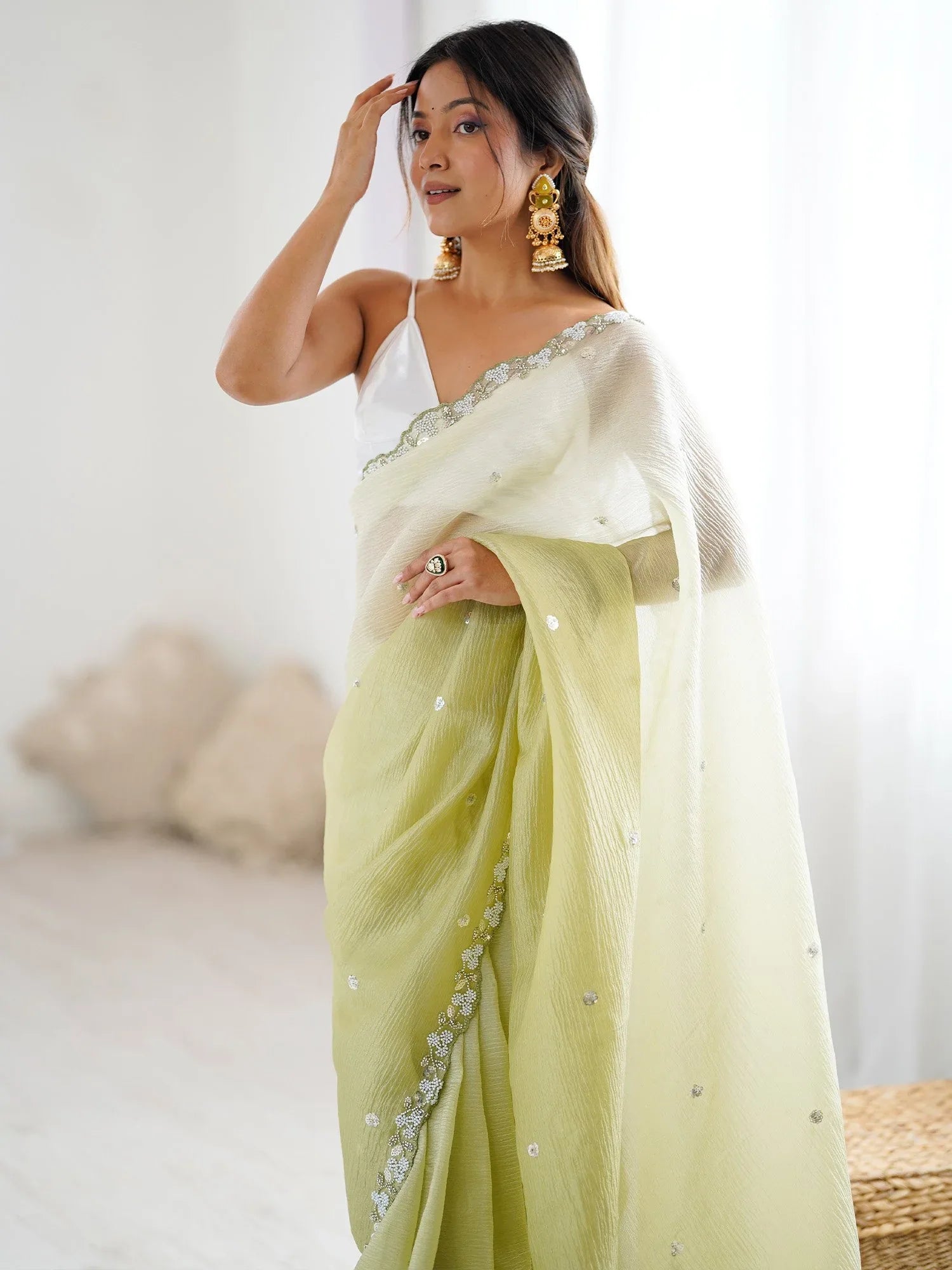 Olive Party Wear Chiffon Embellished Saree