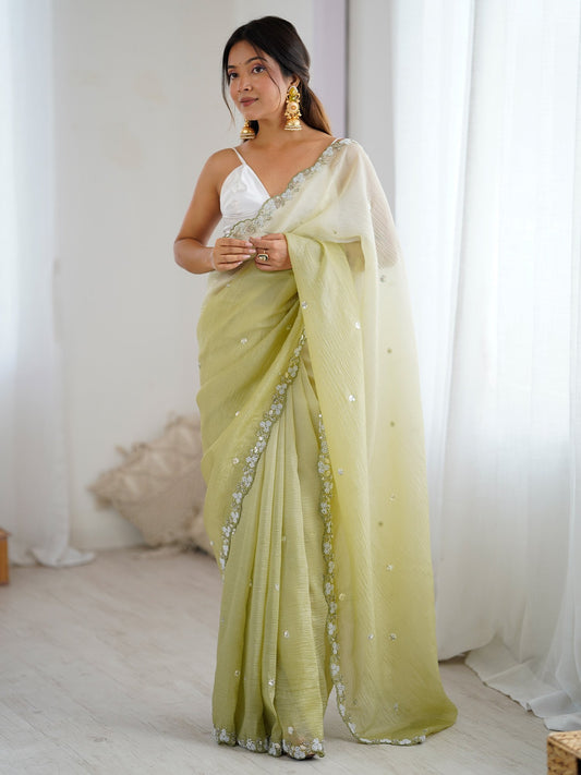 Green Olive Party Wear Chiffon Embellished Saree