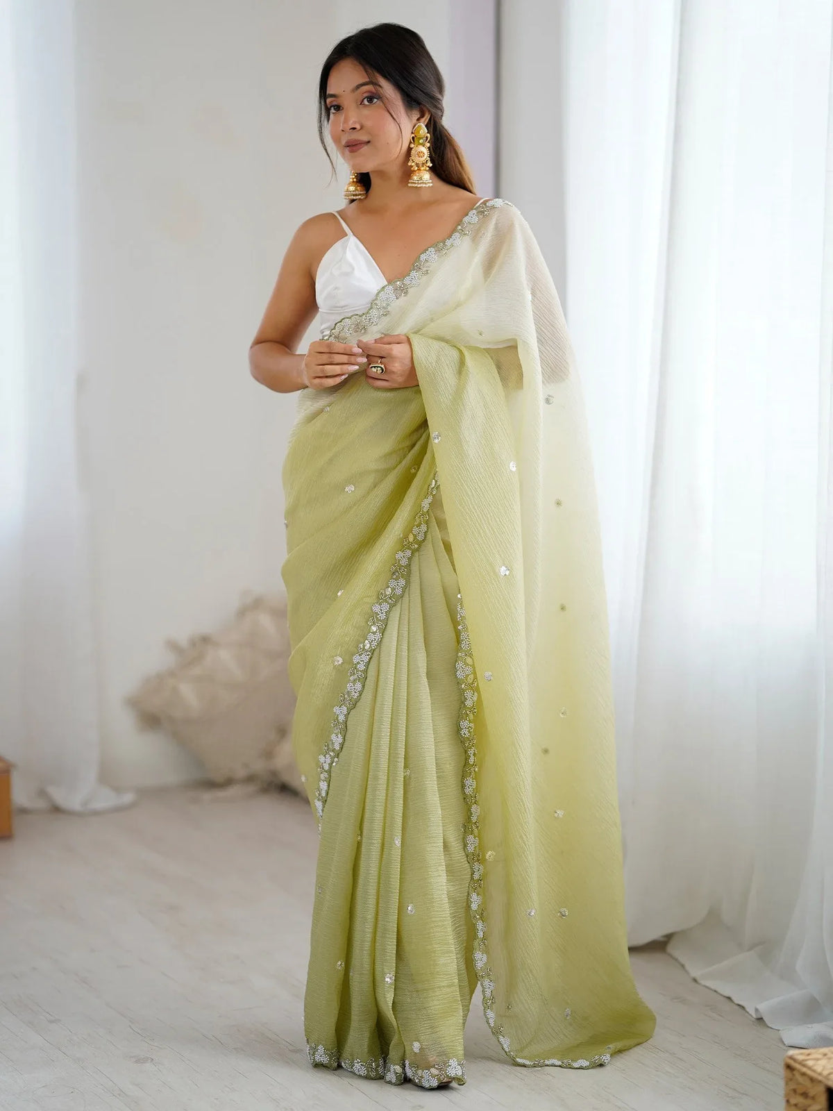 Green Olive Party Wear Chiffon Embellished Saree