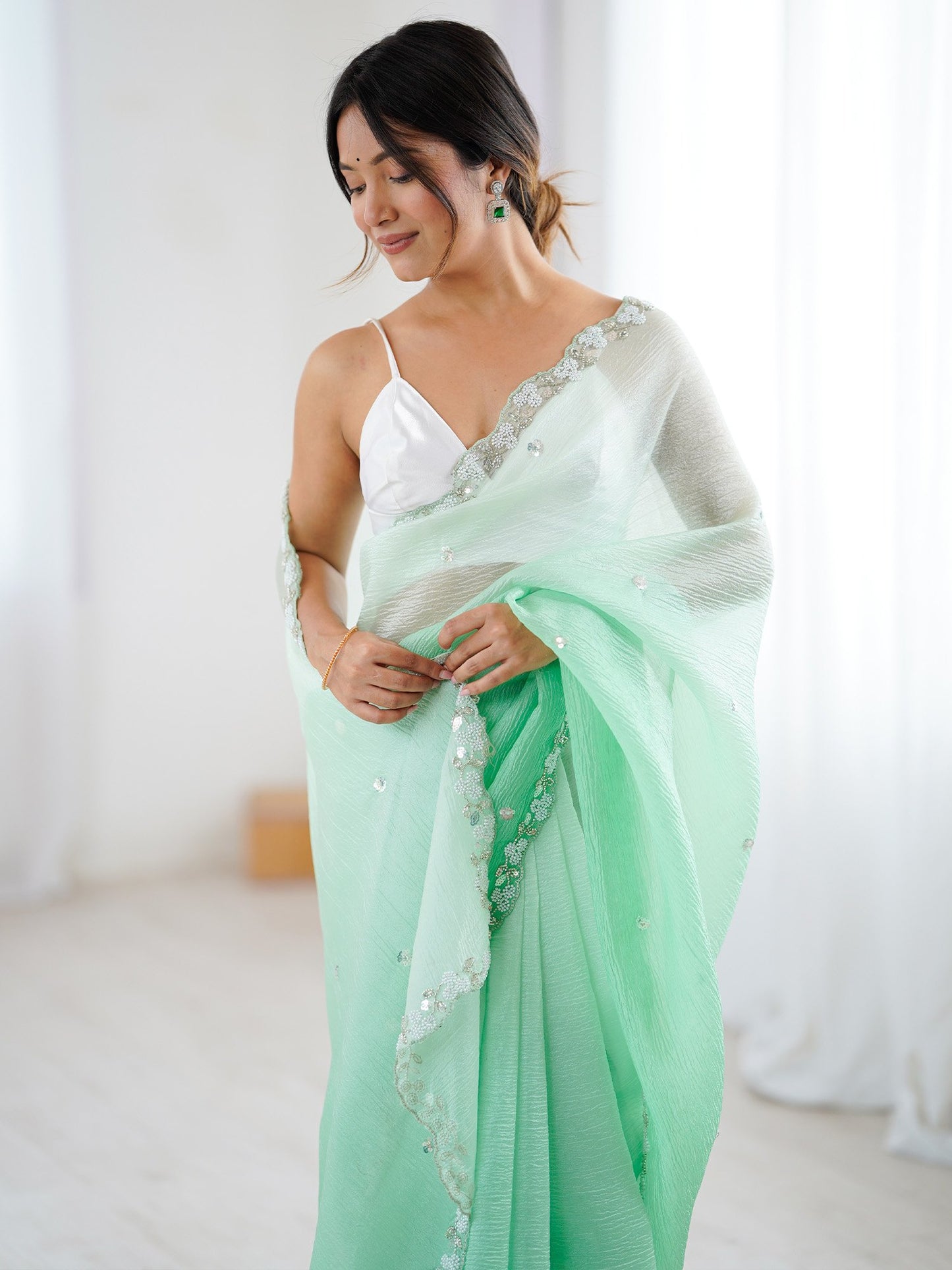 Sea Party Wear Chiffon Embellished Saree
